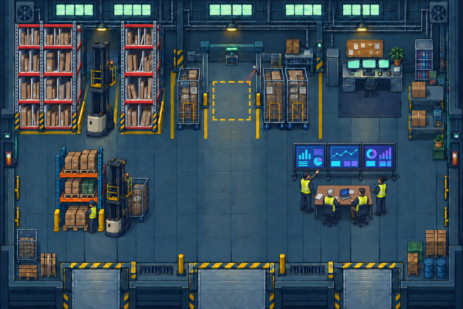 Pixel art warehouse with storage racks, order pickers, cage lanes, a manager’s desk and a multi-screen leadership sync area.